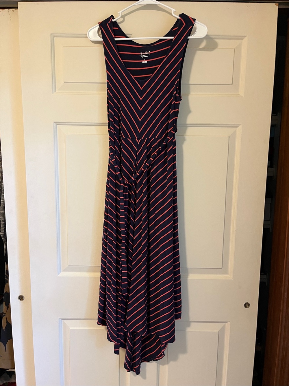 Maternity Sleeveless Navy and Coral Stripe Midi Dress with V-Neck
